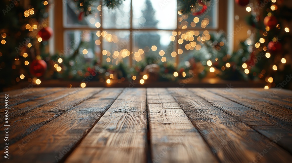 Warm wooden table in front of a window decorated with Christmas lights and festive greenery during the holiday season Warm wooden table in front of a window decorated with Christmas lights and festive greenery during the holiday season