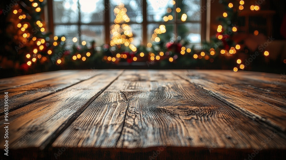 Rustic wooden table in a warmly decorated room with twinkling holiday lights and a Christmas tree in the background during winter Rustic wooden table in a warmly decorated room with twinkling holiday lights and a Christmas tree in the background during winter