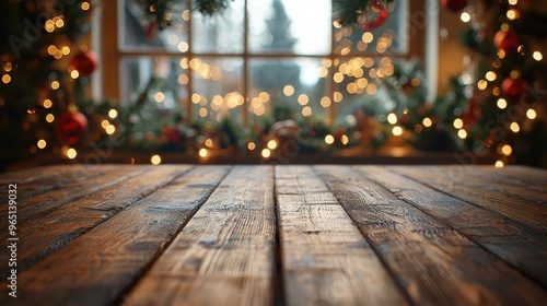 Warm wooden table in front of a window decorated with Christmas lights and festive greenery during the holiday season