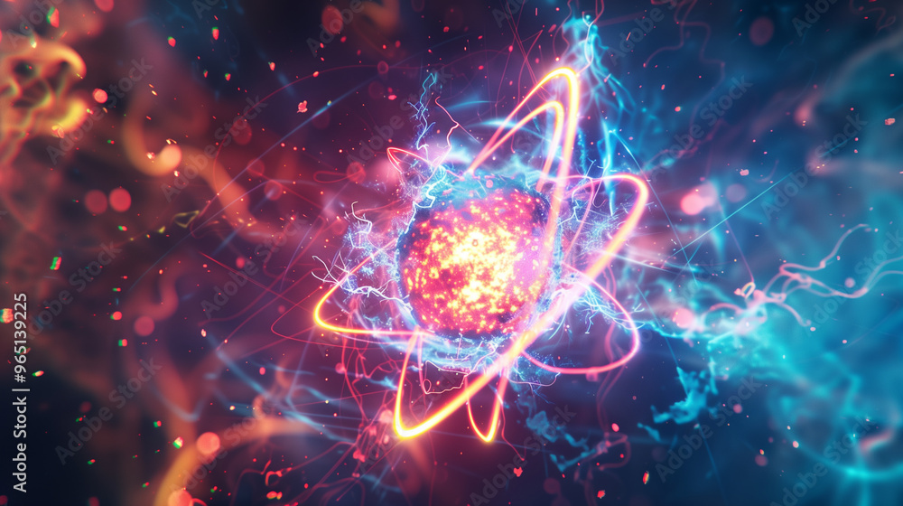 Glowing atomic structure with energy beams, representing quantum mechanics and nuclear energy Glowing atomic structure with energy beams, representing quantum mechanics and nuclear energy