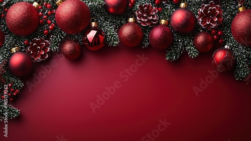 Elegant red and gold Christmas decorations with ornaments and pine branches for festive holiday celebrations