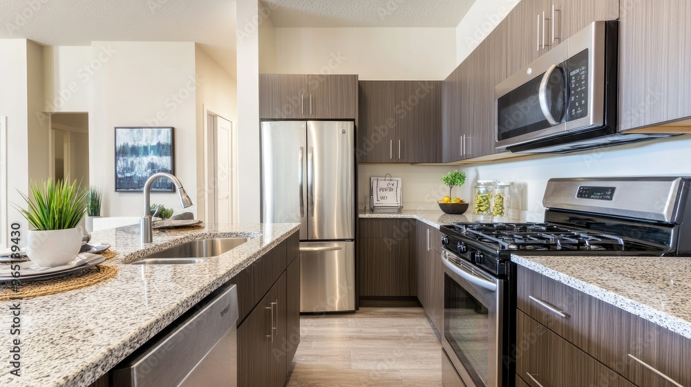 Modern kitchen with stainless steel appliances and granite countertops Modern kitchen with stainless steel appliances and granite countertops