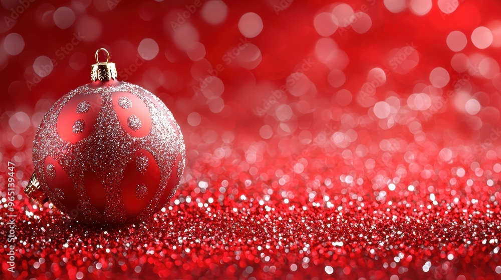 A sparkling red Christmas ornament resting on shimmering red glitter background during the festive holiday season A sparkling red Christmas ornament resting on shimmering red glitter background during the festive holiday season