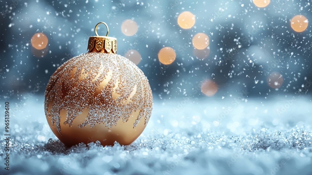 Snowy evening with a shimmering golden ornament resting on a blanket of snow in a winter wonderland Snowy evening with a shimmering golden ornament resting on a blanket of snow in a winter wonderland