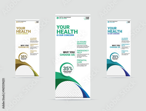 Professional health care and medical roll up design, standee and banner template decoration for exhibition, printing and presentation creative template design.