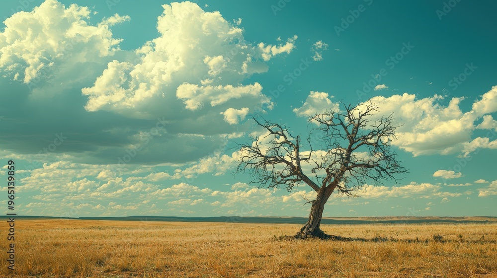 Fototapeta premium An old, withered tree standing alone in a vast empty field, endurance, loneliness over time