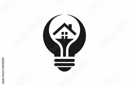 A flat vector logo of a light bulb with a house and care symbol, .silhouette black color vector illustration