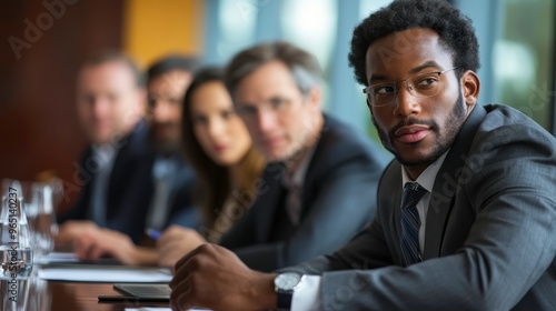 Group of executives reviewing a business plan in a boardroom, corporate strategy meeting