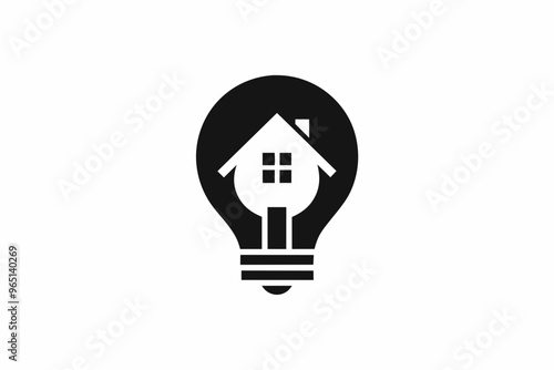 A flat vector logo of a light bulb with a house and care symbol, .silhouette black color vector illustration photo