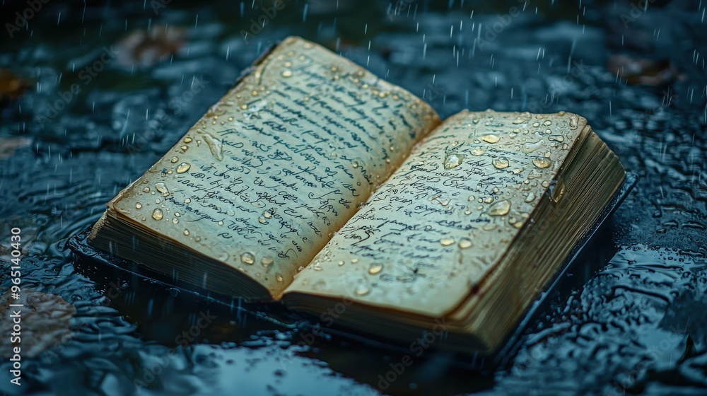 Document Is Raining Rain falling on an open diary with ink smudging away, forgotten stories ...