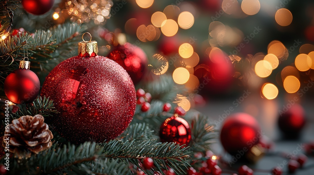 Fototapeta premium Sparkling red ornaments decorate a festive Christmas tree with warm bokeh lights and pinecones during the holiday season