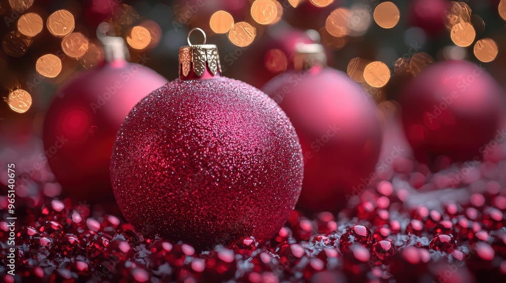 Red holiday ornaments and sparkling decorations create a festive atmosphere during the Christmas season at a cozy indoor setting Red holiday ornaments and sparkling decorations create a festive atmosphere during the Christmas season at a cozy indoor setting