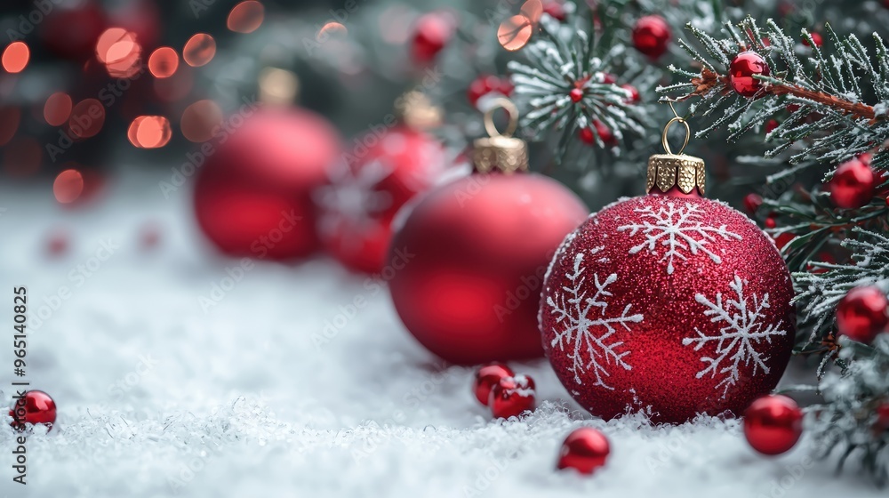 Christmas decorations featuring red ornaments and snow alongside pine branches during the festive holiday season Christmas decorations featuring red ornaments and snow alongside pine branches during the festive holiday season