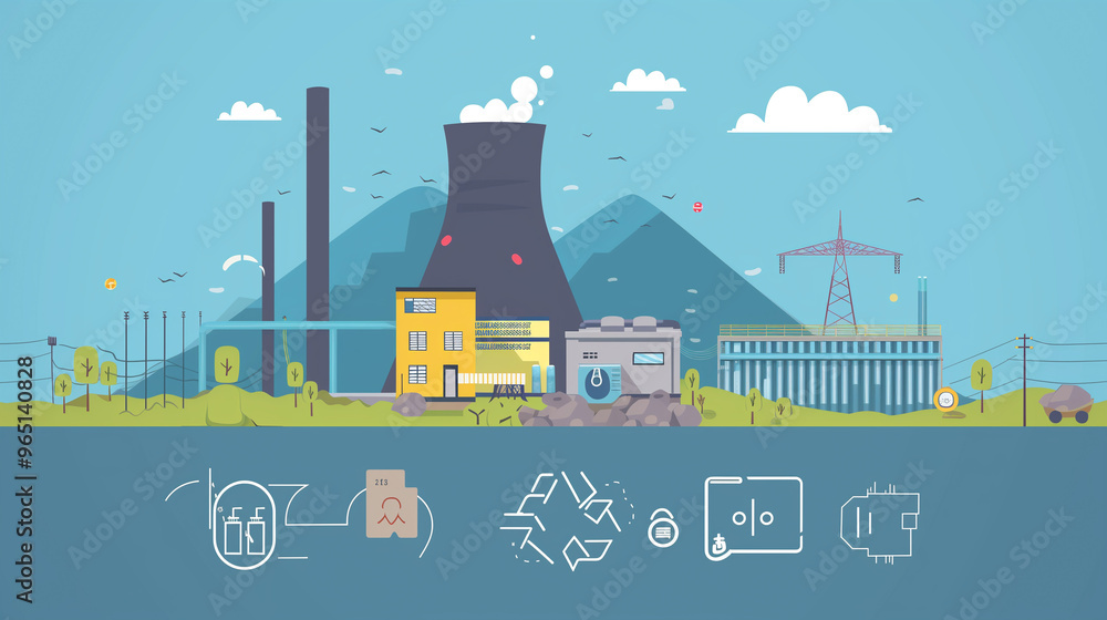 Naklejka premium Nuclear power plant with cooling towers and wind turbines in a sustainable energy concept