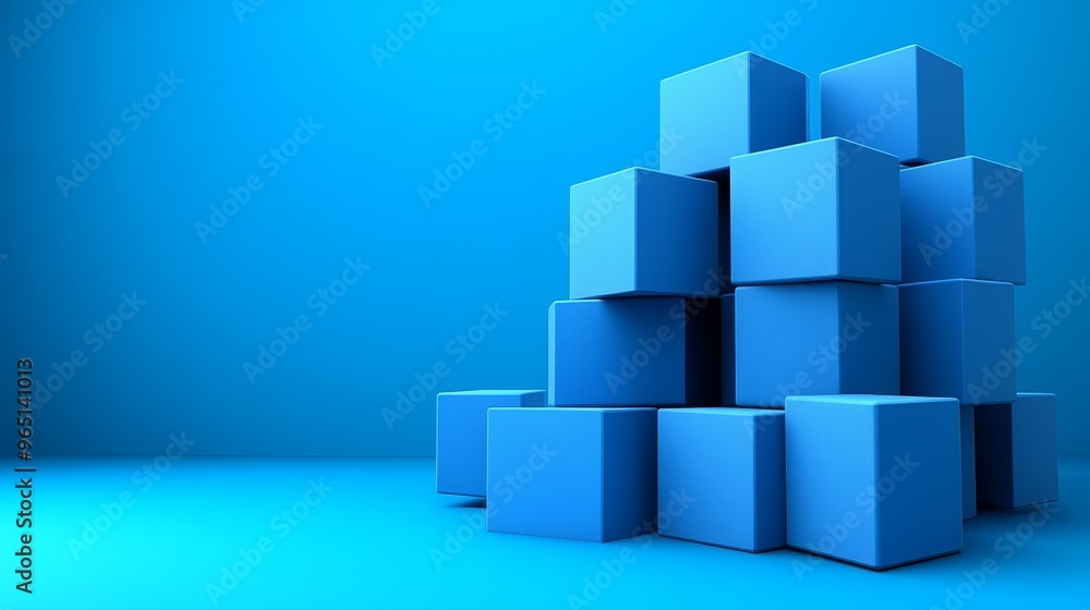 A vibrant pile of blue cubes against a smooth blue background, perfect for design and abstract concepts. A vibrant pile of blue cubes against a smooth blue background, perfect for design and abstract concepts.