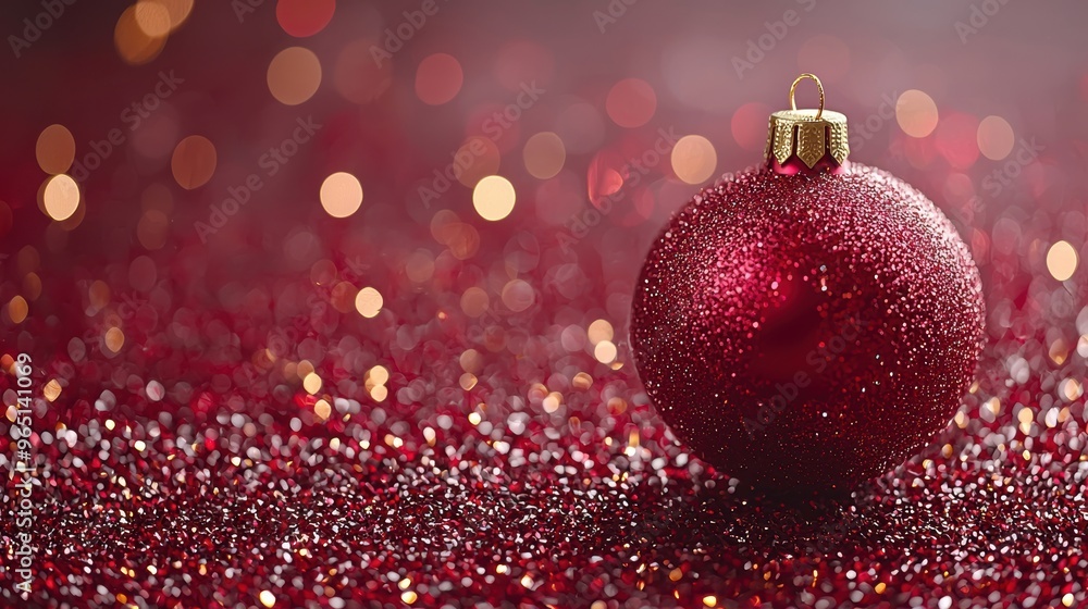 A sparkling red Christmas ornament resting on shimmering festive background with golden bokeh lights in December A sparkling red Christmas ornament resting on shimmering festive background with golden bokeh lights in December
