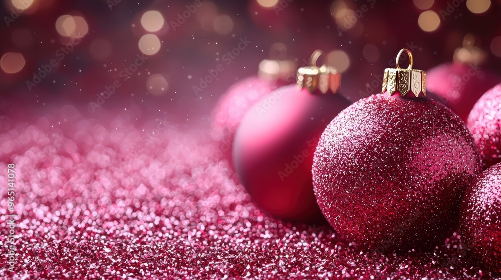 Sparkling red Christmas ornaments on a glittery surface create a festive atmosphere during the holiday season Sparkling red Christmas ornaments on a glittery surface create a festive atmosphere during the holiday season