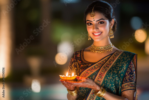 Traditional Indian Beauty Holding Sacred Diya