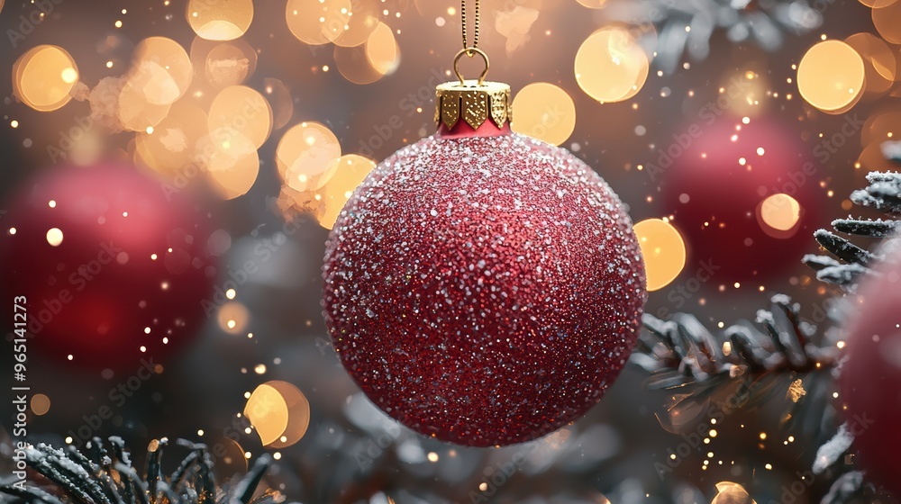 A sparkling red ornament hangs on a Christmas tree surrounded by soft glowing lights during the festive holiday season A sparkling red ornament hangs on a Christmas tree surrounded by soft glowing lights during the festive holiday season