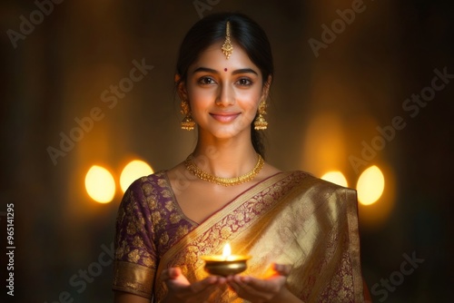 Indian Woman Illuminated by Diya Light