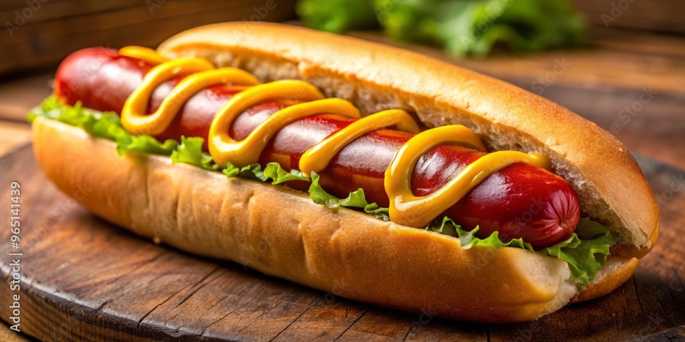 A perfectly toasted hotdog bun cradles a grilled sausage, slathered in bright yellow mustard and a splash of A perfectly toasted hotdog bun cradles a grilled sausage, slathered in bright yellow mustard and a splash of