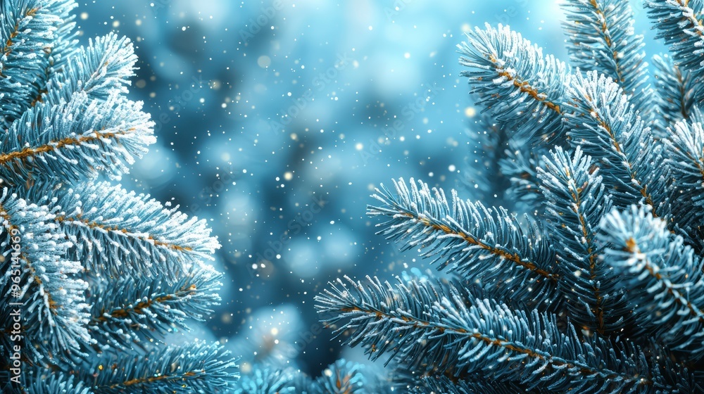 Snowflakes gently fall on evergreen branches in a serene winter landscape illuminated by soft blue tones Snowflakes gently fall on evergreen branches in a serene winter landscape illuminated by soft blue tones