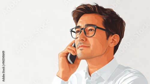 Businessman on the Phone: A professional man in a white shirt and glasses contemplates while speaking on his smartphone, capturing the intensity and focus of modern business communication. 