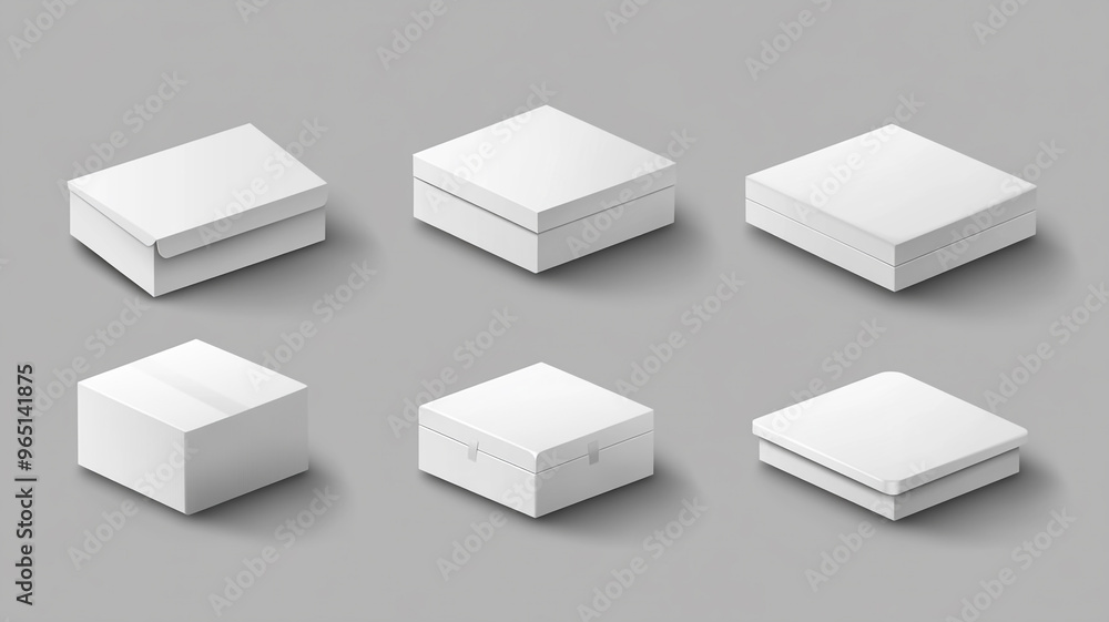 Six versatile white boxes arranged on a gray background for packaging design inspiration Six versatile white boxes arranged on a gray background for packaging design inspiration