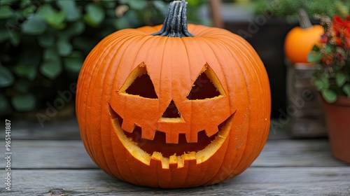 Orange pumpkin with a carved jack-o'-lantern face