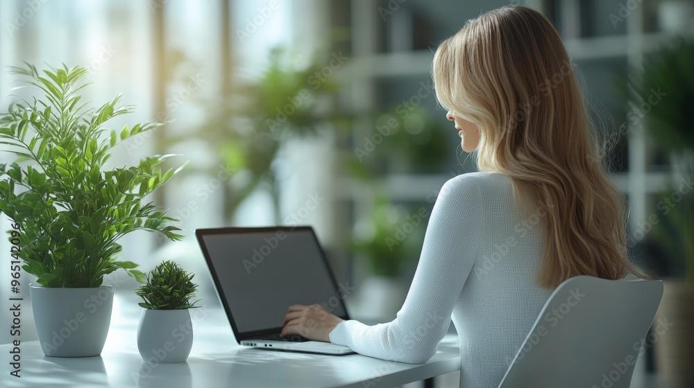 Woman Working from Home Office: A serene blonde woman in a white shirt sits at a desk in a home office, illuminated by natural light. She works on a laptop, surrounded by lush greenery, creating a pea Woman Working from Home Office: A serene blonde woman in a white shirt sits at a desk in a home office, illuminated by natural light. She works on a laptop, surrounded by lush greenery, creating a pea
