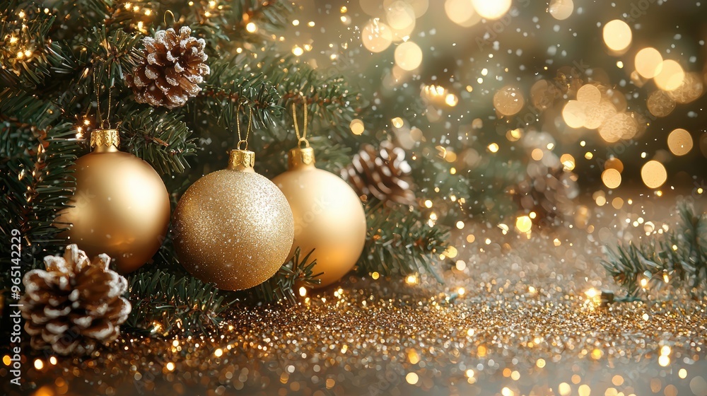 Sparkling golden ornaments hang from a festive tree adorned with pinecones, creating a warm, holiday atmosphere in soft evening light Sparkling golden ornaments hang from a festive tree adorned with pinecones, creating a warm, holiday atmosphere in soft evening light