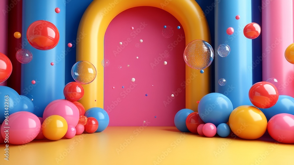 Colorful abstract scene with vibrant arches and playful spheres, perfect for creative projects and cheerful backgrounds. Colorful abstract scene with vibrant arches and playful spheres, perfect for creative projects and cheerful backgrounds.