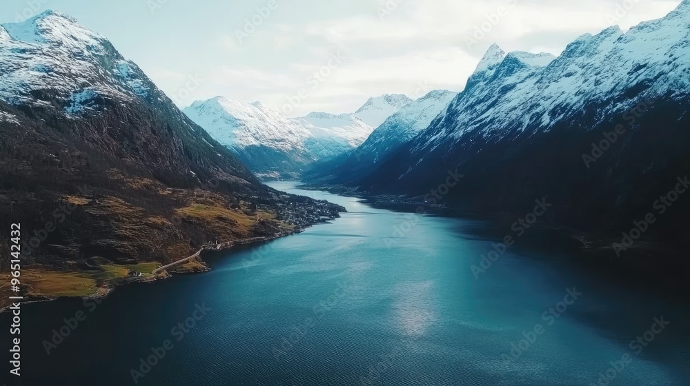 Obraz premium Picturesque fjords surrounded by snow-capped mountains
