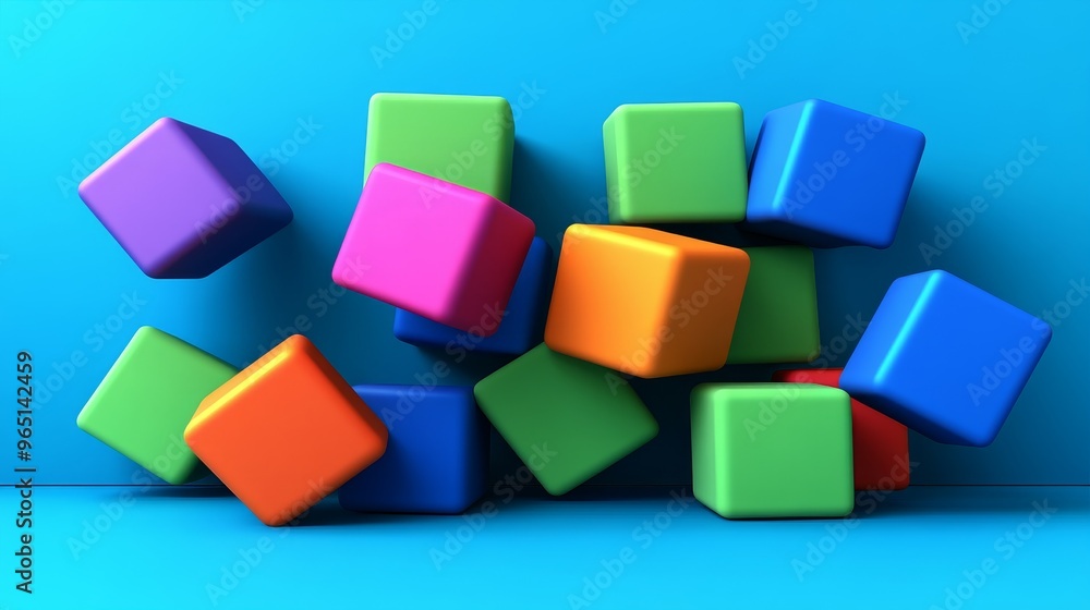 Colorful building blocks scattered on a vibrant blue background, perfect for children's education and creative play. Colorful building blocks scattered on a vibrant blue background, perfect for children's education and creative play.