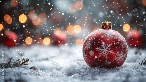 A festive red Christmas ornament with snowflakes sits on a snowy ground, surrounded by glowing holiday lights during a winter evening