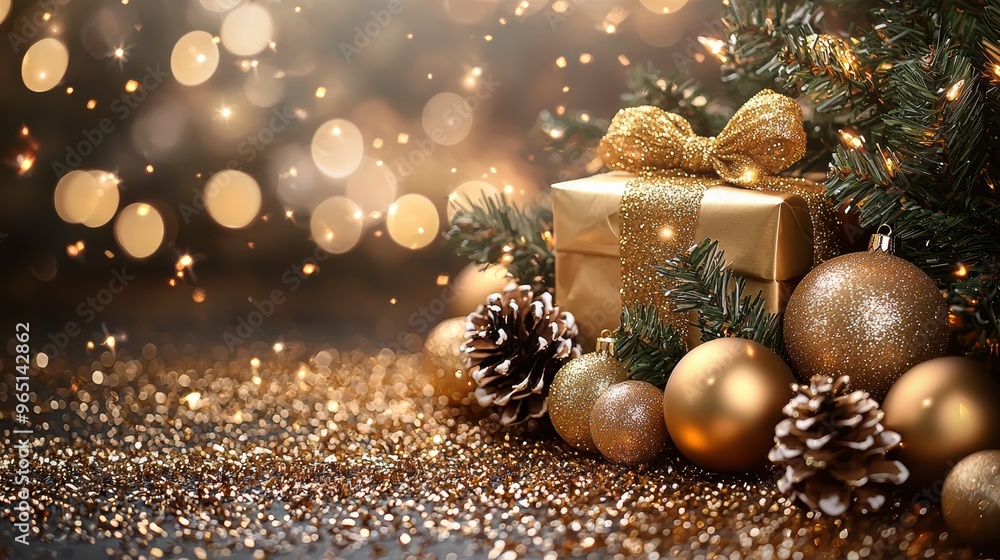 A beautifully decorated Christmas scene with golden ornaments, gift box, and pinecones under soft bokeh lights at festive season A beautifully decorated Christmas scene with golden ornaments, gift box, and pinecones under soft bokeh lights at festive season