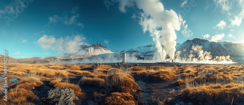 A large mountain range is in the background with a large cloud of steam rising f photo