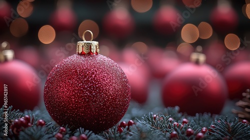 A close-up of a glittering red Christmas ornament resting on evergreen branches with soft, glowing lights in the background during the holiday season