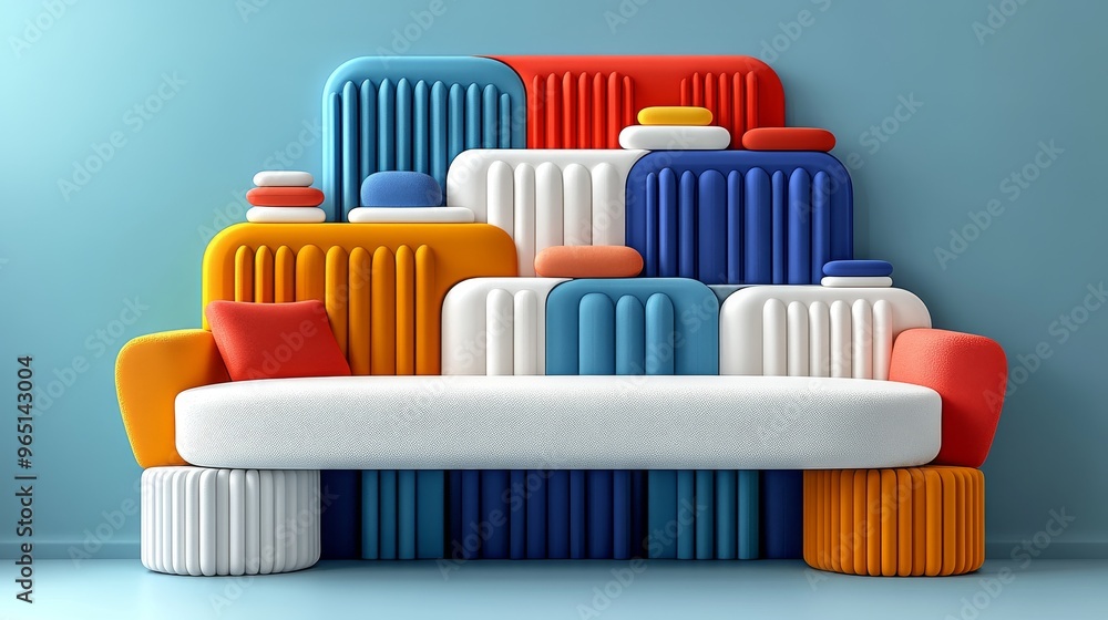 Colorful modular sofa design against a blue wall, perfect for modern interior decoration, bringing style and comfort to living spaces. Colorful modular sofa design against a blue wall, perfect for modern interior decoration, bringing style and comfort to living spaces.