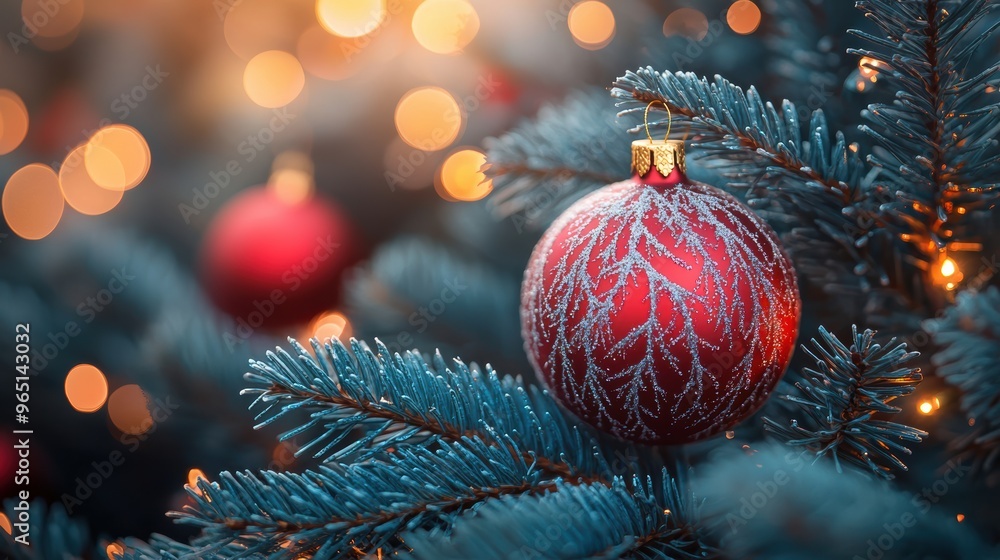 Red Christmas ornament hanging from a frosted evergreen branch with blurred warm lights in the background during the holiday season Red Christmas ornament hanging from a frosted evergreen branch with blurred warm lights in the background during the holiday season
