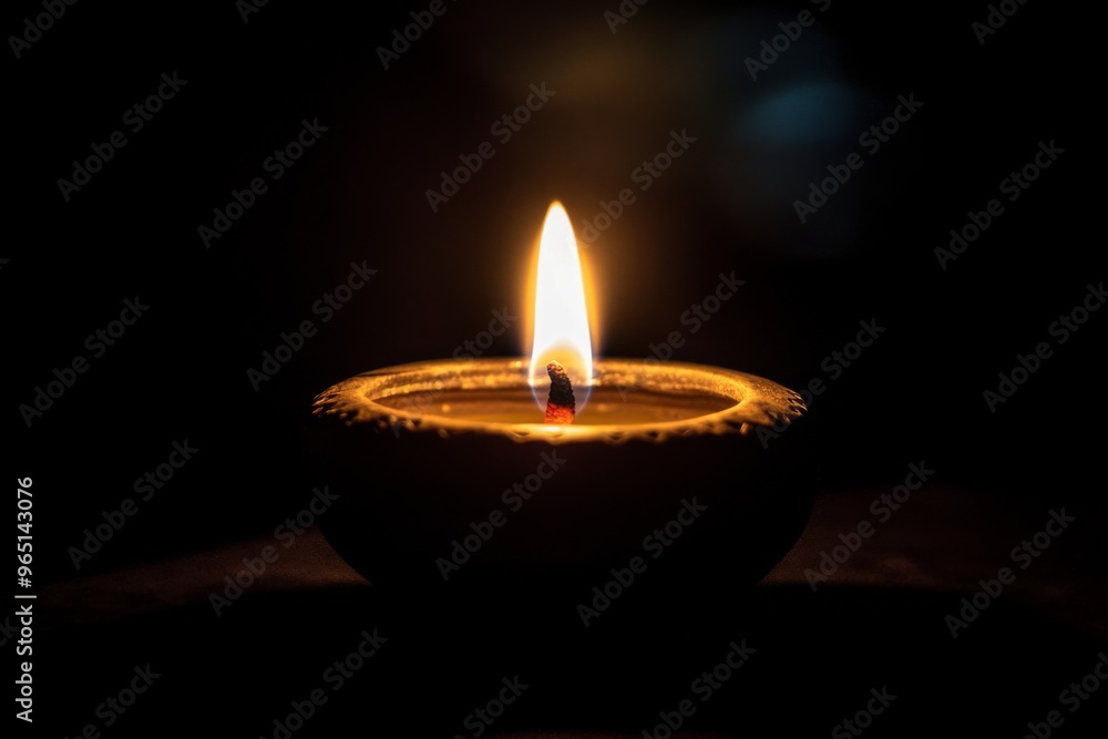 A single diya (oil lamp) glowing brightly in the dark A single diya (oil lamp) glowing brightly in the dark