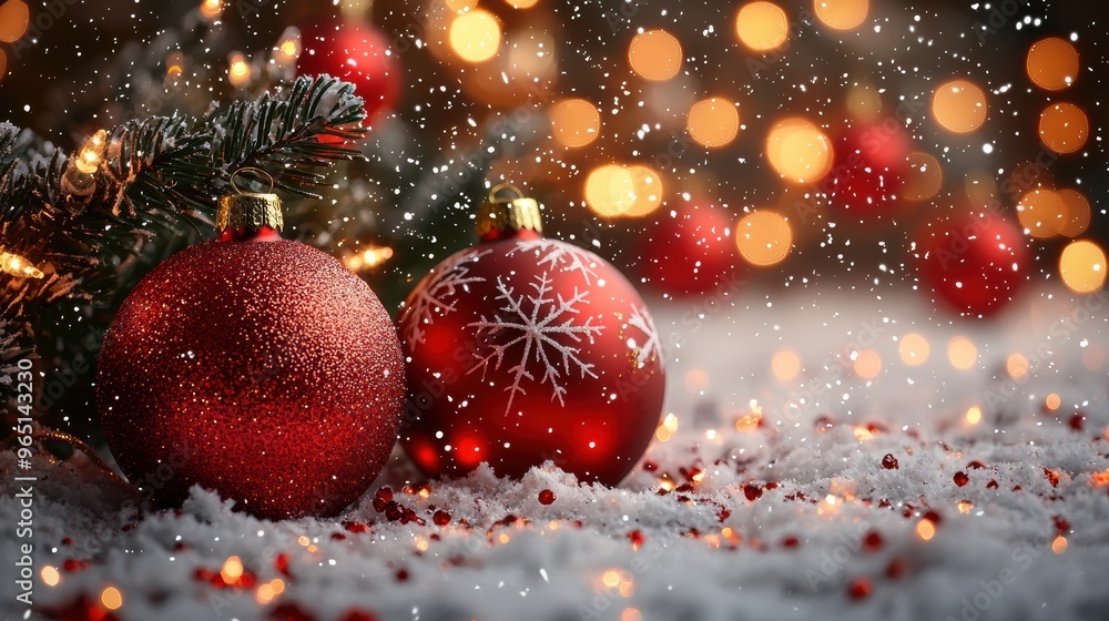 Festive red ornaments resting in snow with soft lights and snowflakes falling during a cozy winter evening Festive red ornaments resting in snow with soft lights and snowflakes falling during a cozy winter evening