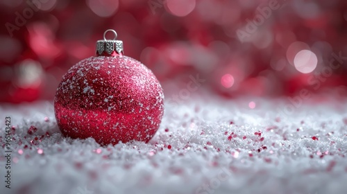 A glittering red Christmas ornament rests on soft snowlike fabric, surrounded by sparkling decorations during the festive holiday season photo