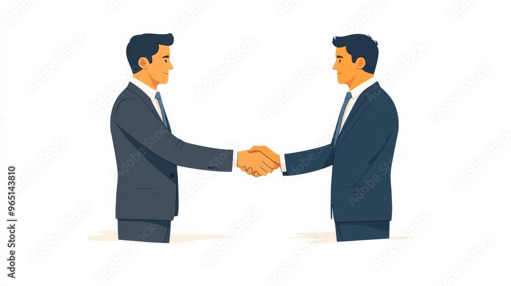 The Deal Makers: Two businessmen in sharp suits solidify their partnership with a firm handshake, conveying trust and confidence in this minimalist illustration. The Deal Makers: Two businessmen in sharp suits solidify their partnership with a firm handshake, conveying trust and confidence in this minimalist illustration.