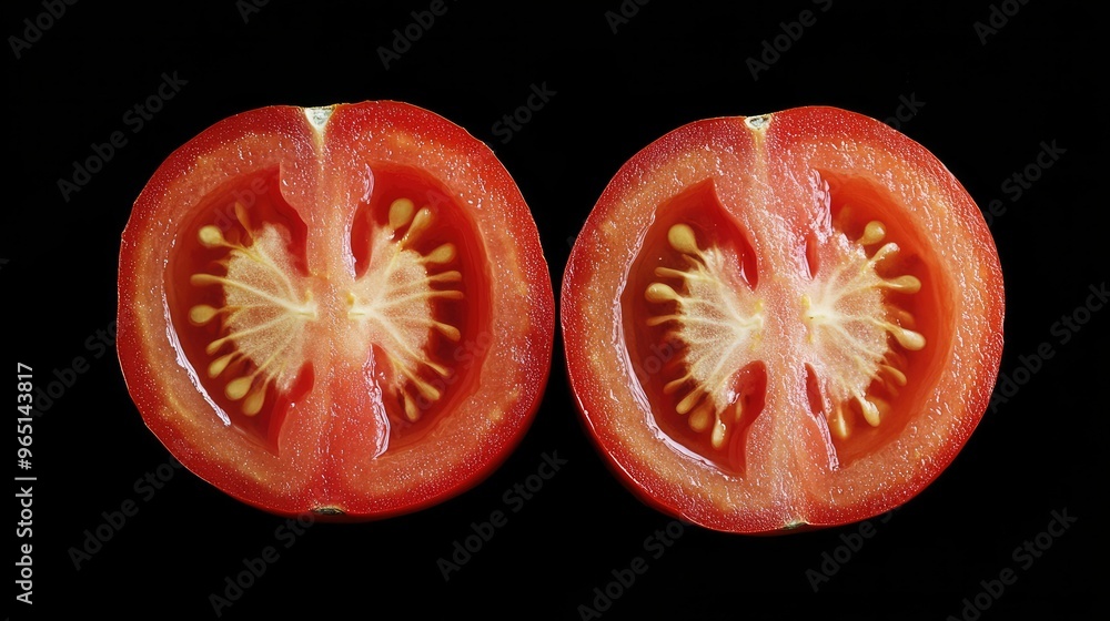 Red tomatoes sliced in half with seeds removed Red tomatoes sliced in half with seeds removed