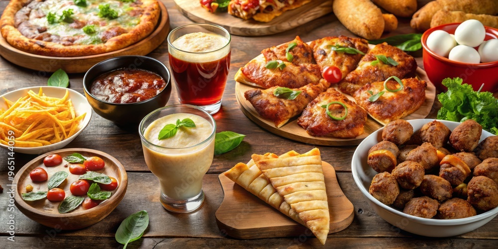 A savory spread of pizza, chicken wings, crunchy chips, and flavorful dips is joined by a cooler full A savory spread of pizza, chicken wings, crunchy chips, and flavorful dips is joined by a cooler full