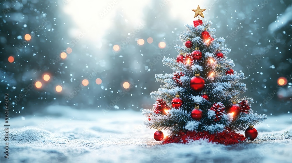 A beautifully decorated Christmas tree with red ornaments and a star under falling snow in a serene winter setting with soft lights A beautifully decorated Christmas tree with red ornaments and a star under falling snow in a serene winter setting with soft lights