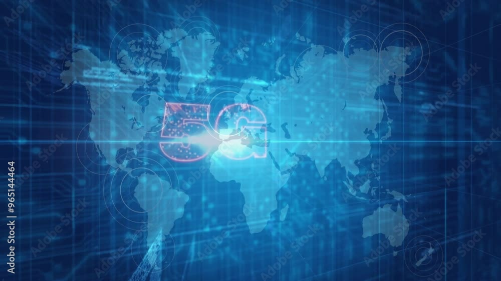 Animation of 5g text and digital data processing over world map Animation of 5g text and digital data processing over world map