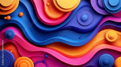 Vibrant abstract background featuring colorful waves and circular elements in a playful and modern design.