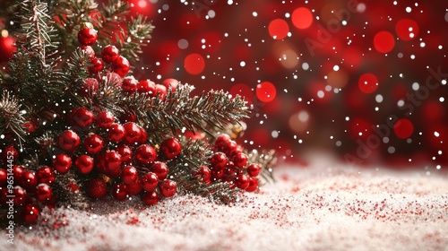 Christmas decorations with snowy accents and festive berries on a blurred red background during the holiday season